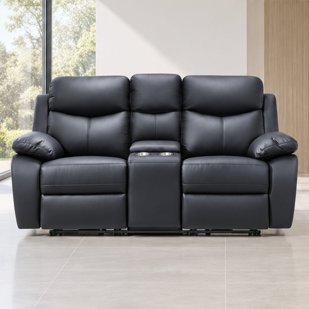 Modern Leather-Match Power Reclining Loveseat with Console, Cupholders & USB — Black Leather Match lifestyle