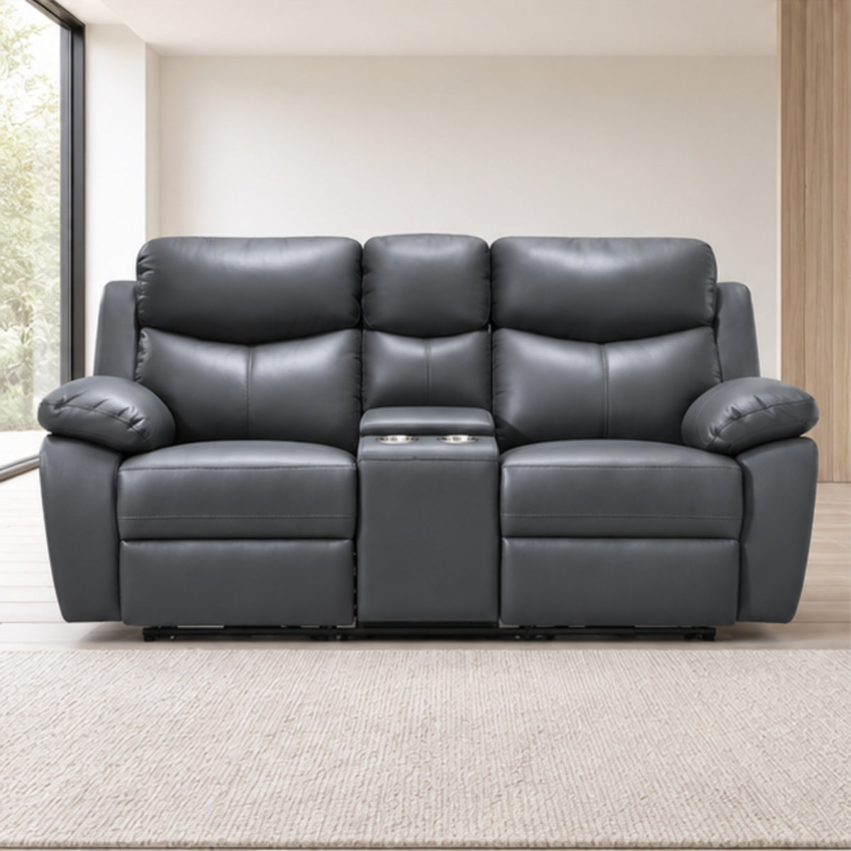 Modern Leather-Match Power Reclining Loveseat with Console, Cupholders & USB — Grey Leather Match lifestyle