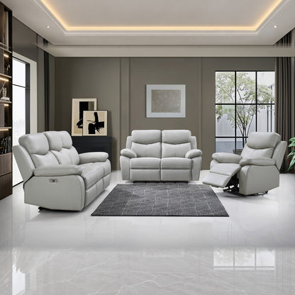Modern Leather-Match 3-Piece Power Reclining Sofa Set with USB Charging — Light Grey Leather Match, full 3-piece set main lifestyle image