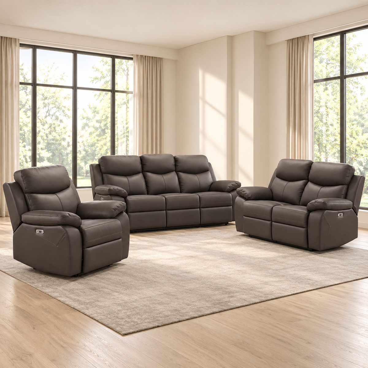 Modern Leather-Match 3-Piece Power Reclining Sofa Set with USB Charging — Dark Chocolate Brown Leather Match, full 3-piece set main lifestyle image