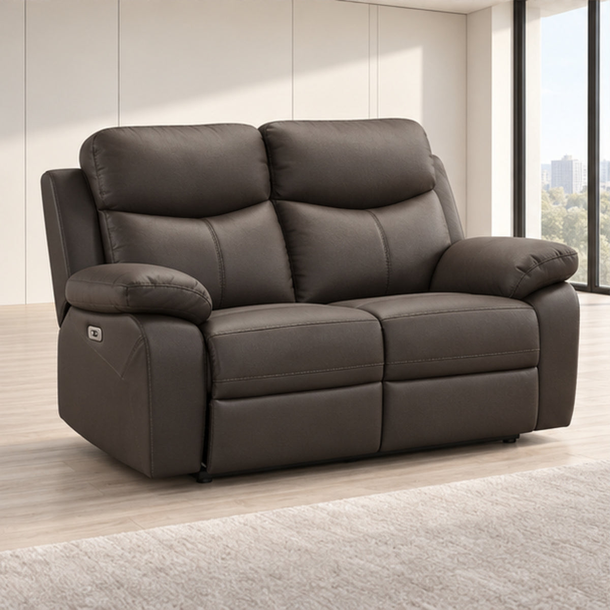 Modern Leather-Match Power Reclining Loveseat with USB Charging — Dark Chocolate Brown Leather Match lifestyle