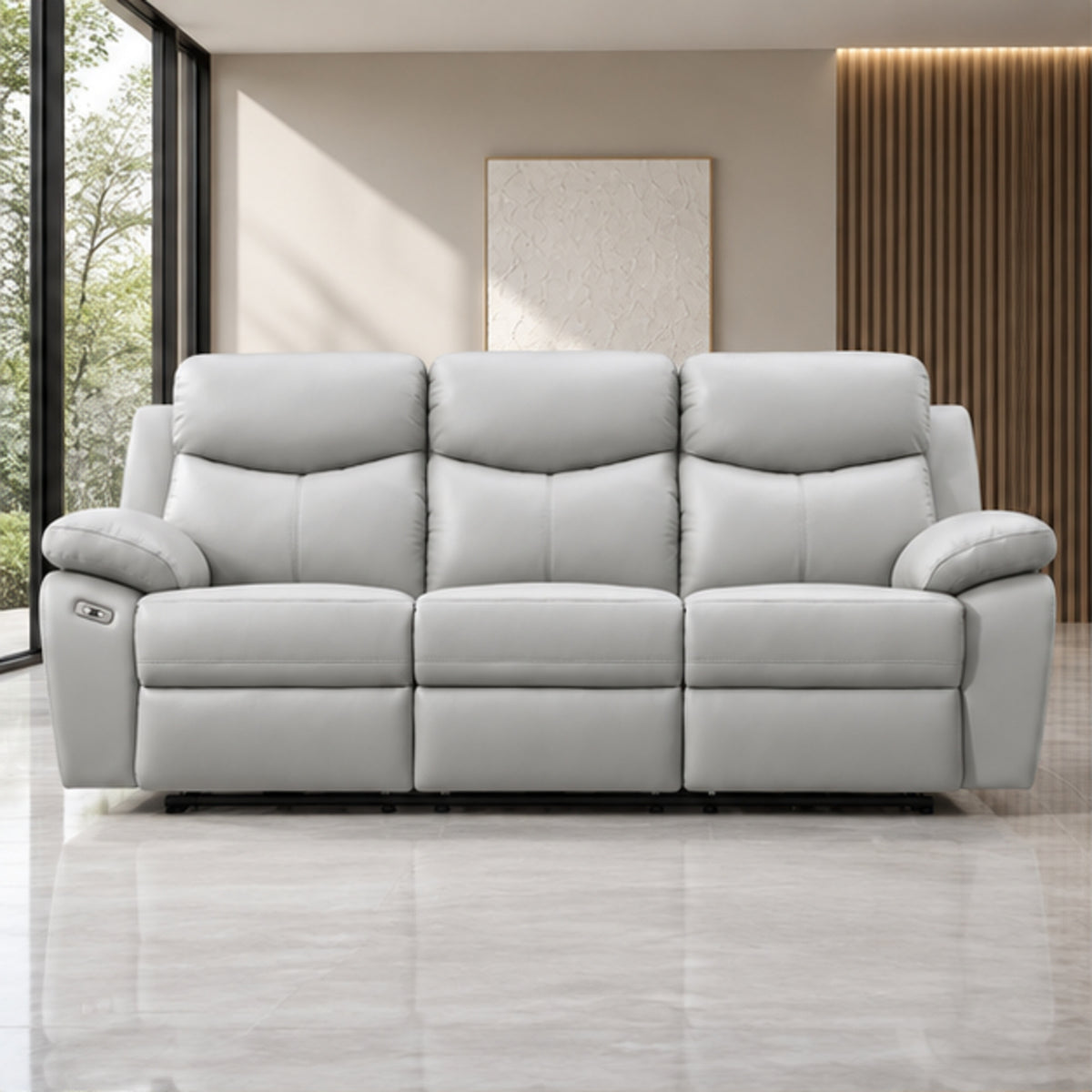 Modern Leather-Match Power Reclining 3-Seater Sofa with USB Charging — Light Grey Leather Match lifestyle