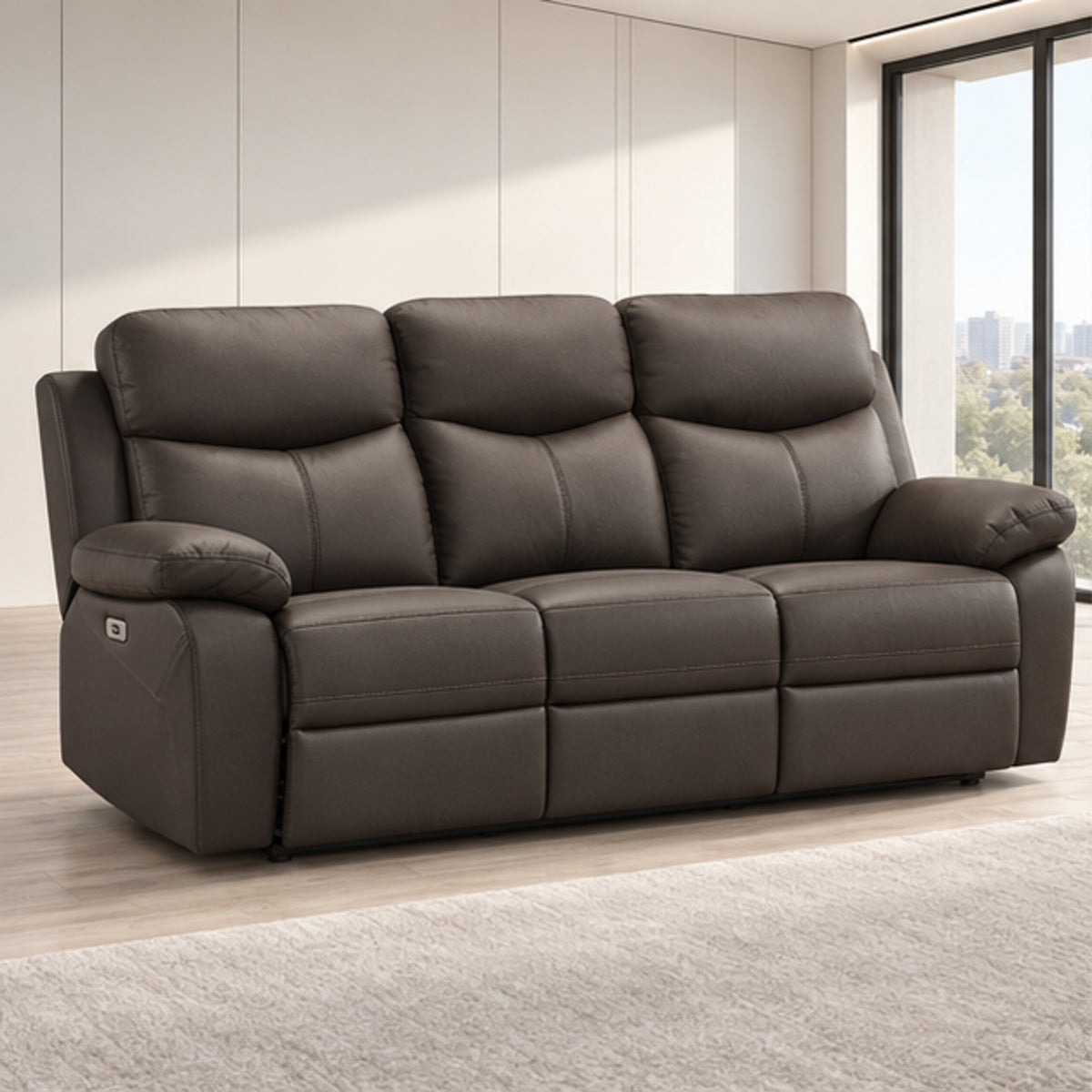 Modern Leather-Match Power Reclining 3-Seater Sofa with USB Charging — Dark Chocolate Brown Leather Match lifestyle