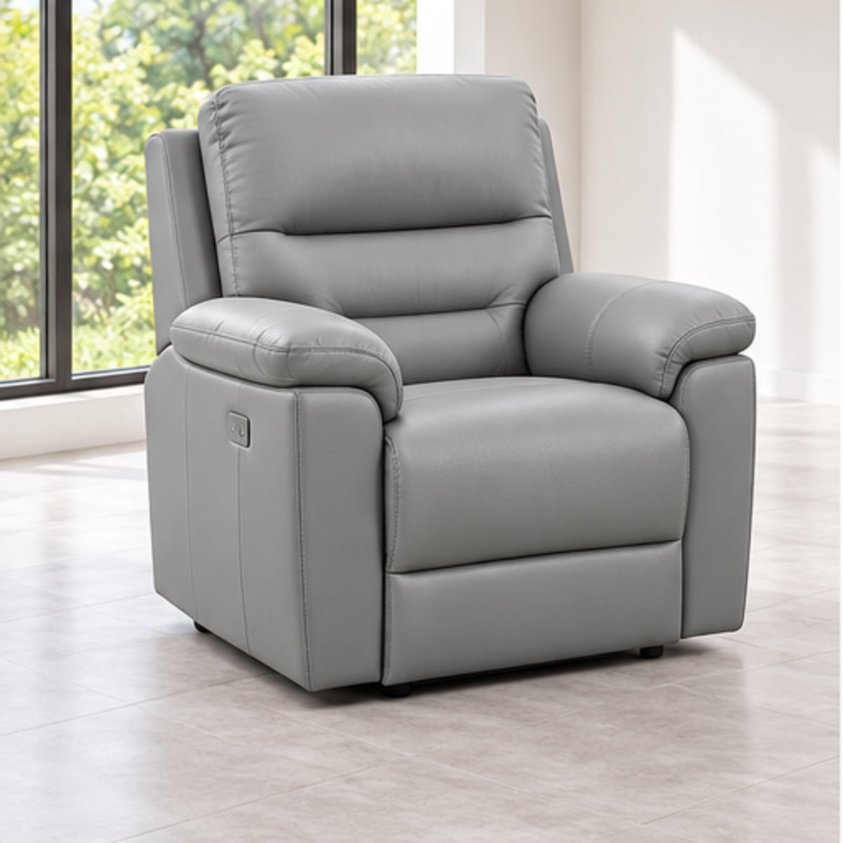 Modern Leather-Match Power Reclining Chair with USB Charging — Light Grey Leather Match lifestyle