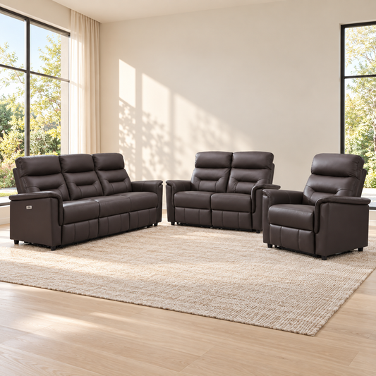 Espresso or Light Grey Leather-Match 3-Piece Power Reclining Sofa Set with USB & Cupholders — Espresso, full 3-piece set main lifestyle image