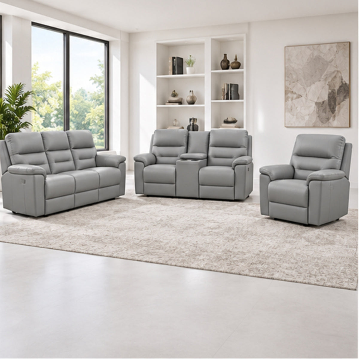 Espresso or Light Grey Leather-Match 3-Piece Power Reclining Sofa Set with USB & Cupholders — Light Grey, full 3-piece set main lifestyle image