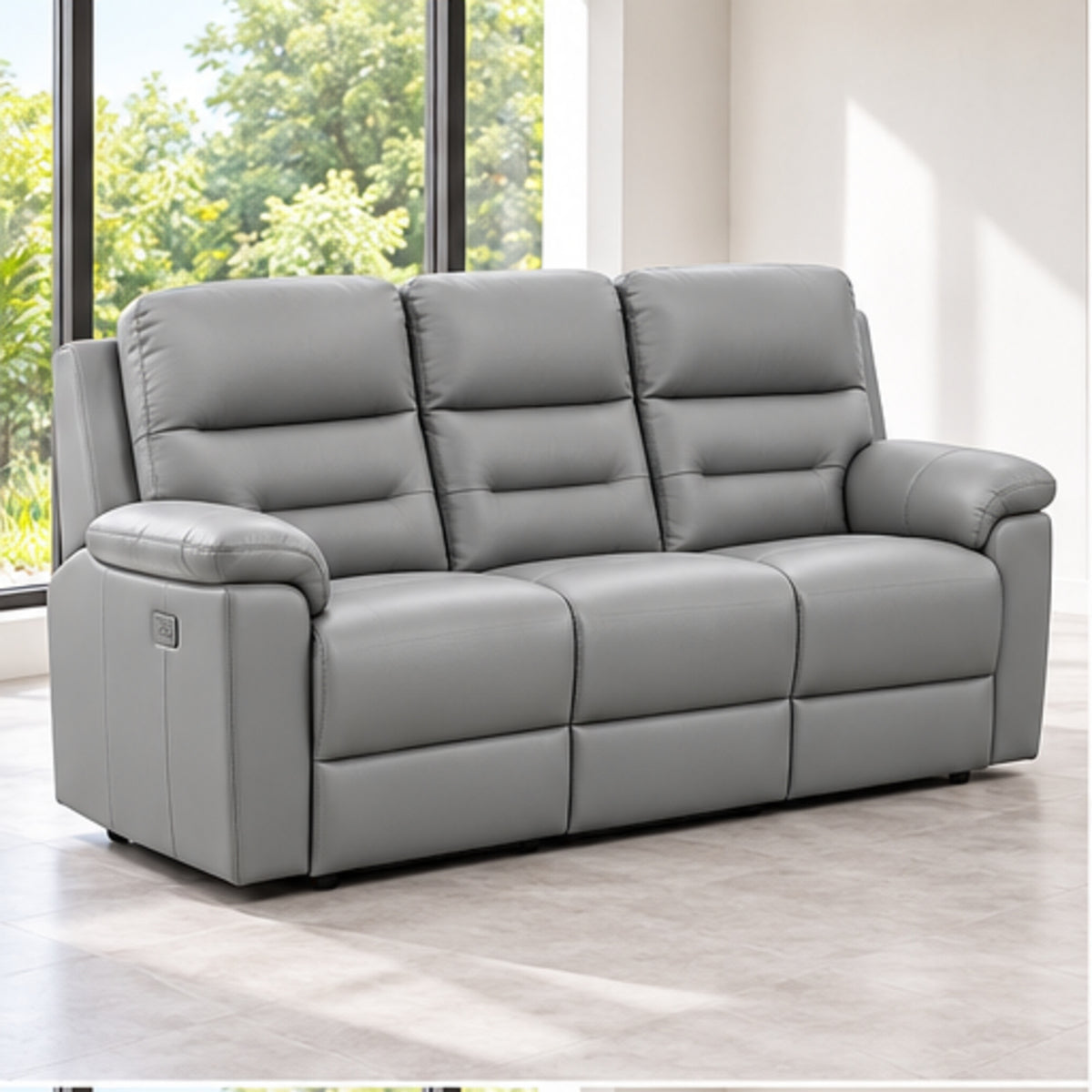Leather-Match Power Reclining 3-Seater Sofa with Drop-Down Tray, Cupholders & USB — Light Grey Leather Match lifestyle