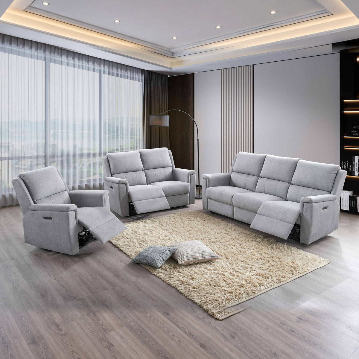 Modern 3-Piece Power Reclining Sofa Set with USB Charging — Grey Fabric, full 3-piece set main lifestyle image