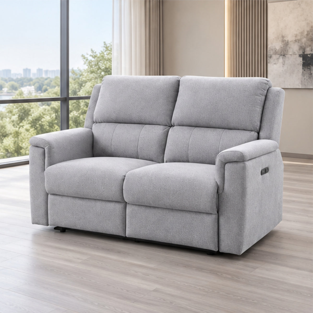 Modern Power Reclining Loveseat with USB Charging — Grey Fabric lifestyle