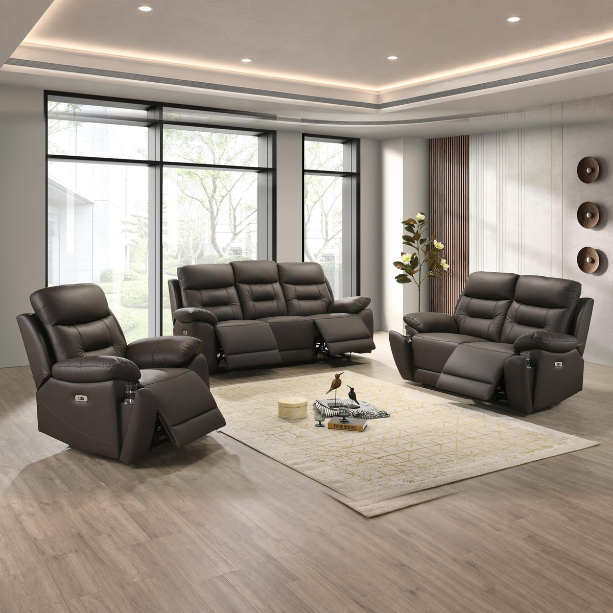 Modern Genuine Leather/Match 3-Piece Power Reclining Sofa Set with USB & Hidden Cupholders — Chocolate Brown, full 3-piece set main lifestyle image