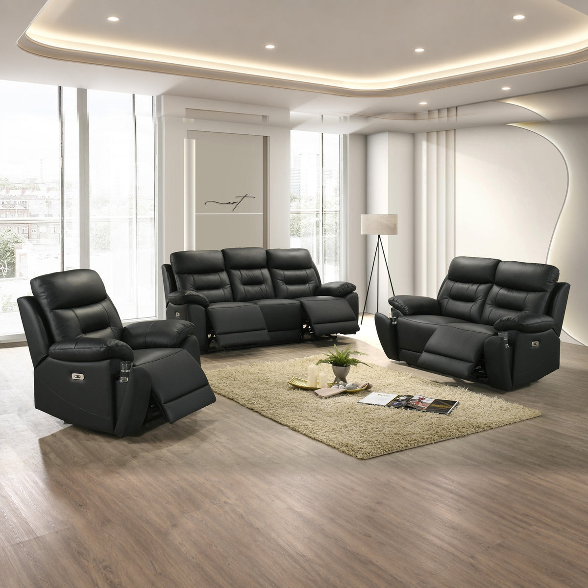 Modern Genuine Leather/Match 3-Piece Power Reclining Sofa Set with USB & Hidden Cupholders — Midnight Black, full 3-piece set main lifestyle image