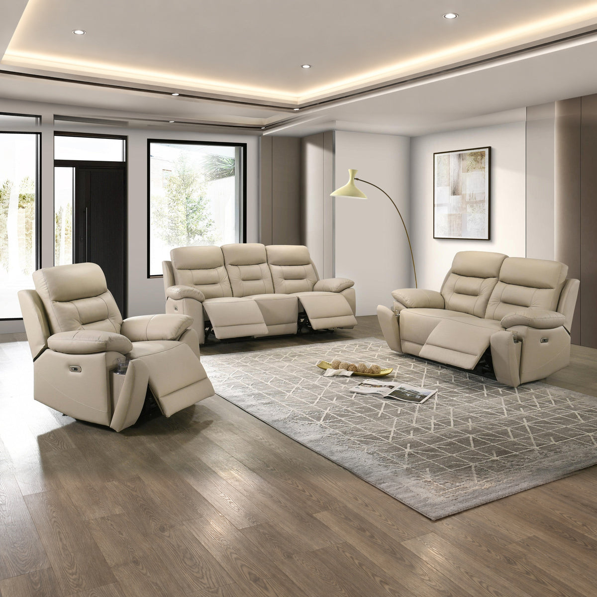 Modern Genuine Leather/Match 3-Piece Power Reclining Sofa Set with USB & Hidden Cupholders — Soft Cream Beige, full 3-piece set main lifestyle image