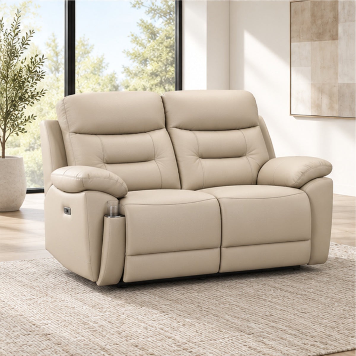 Modern Leather-Match Power Reclining Loveseat with USB & Hidden Cupholders — Soft Cream Beige Leather Match lifestyle