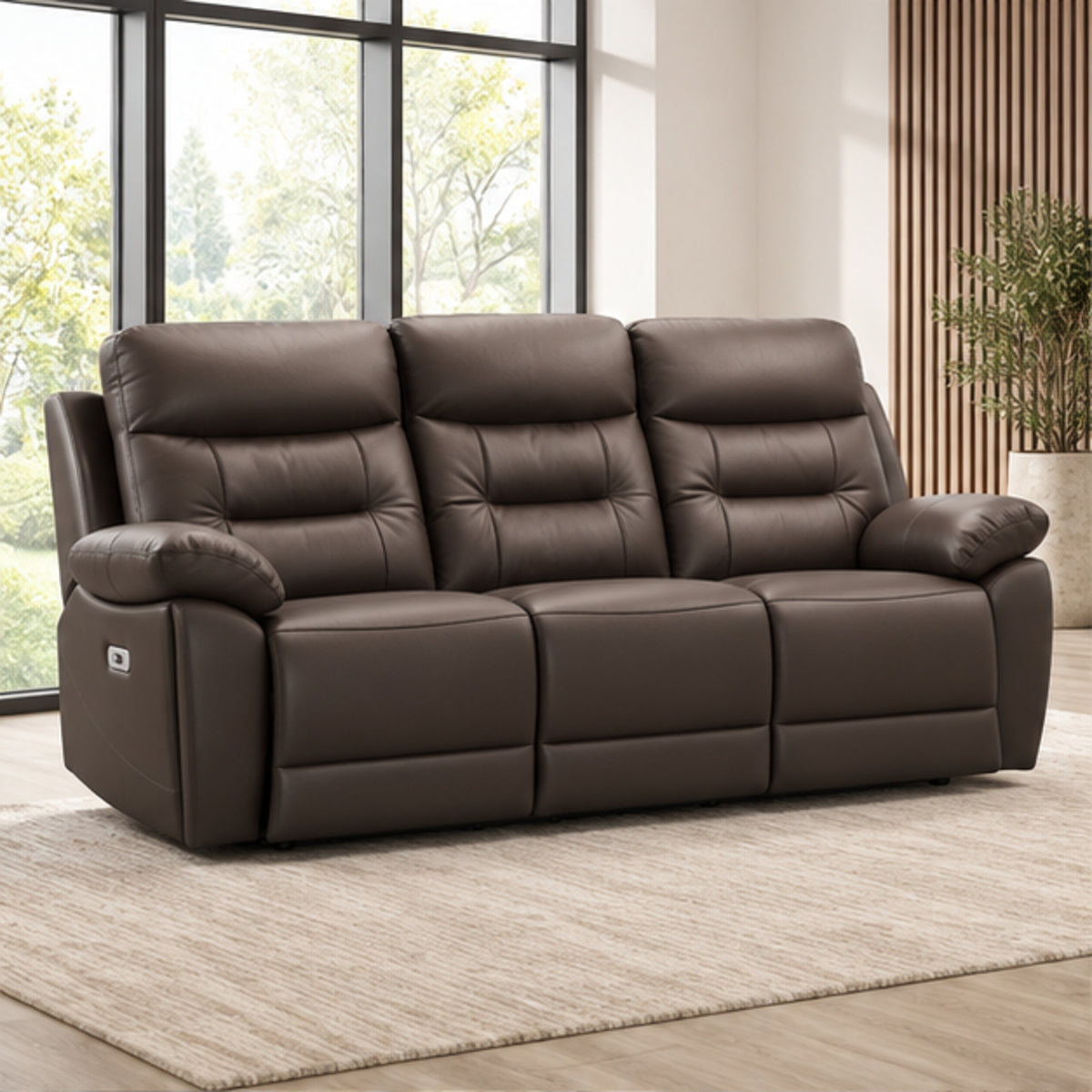 Modern Leather-Match Power Reclining 3-Seater Sofa with USB & Hidden Cupholders — Chocolate Brown Leather Match lifestyle