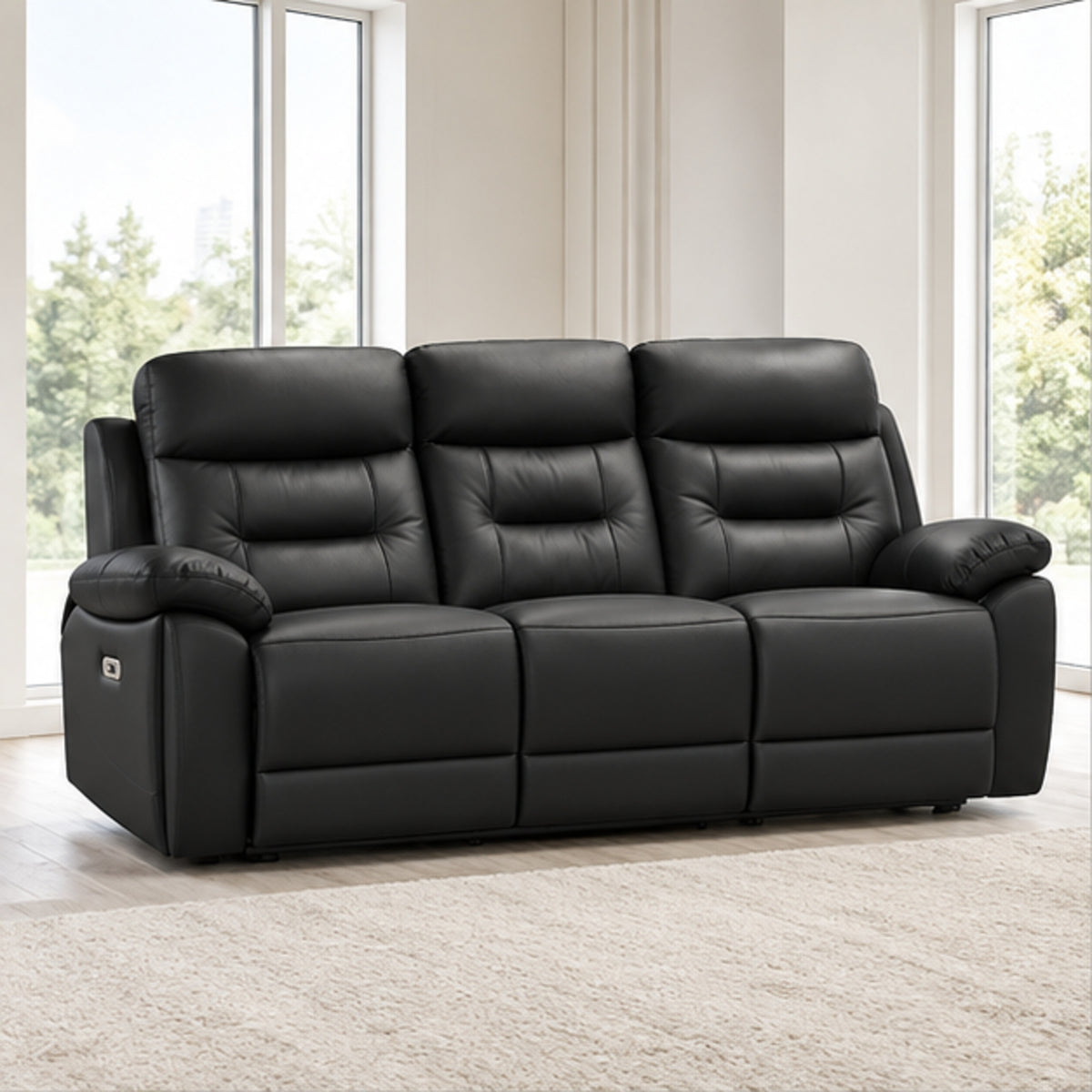 Modern Leather-Match Power Reclining 3-Seater Sofa with USB & Hidden Cupholders — Midnight Black Leather Match lifestyle