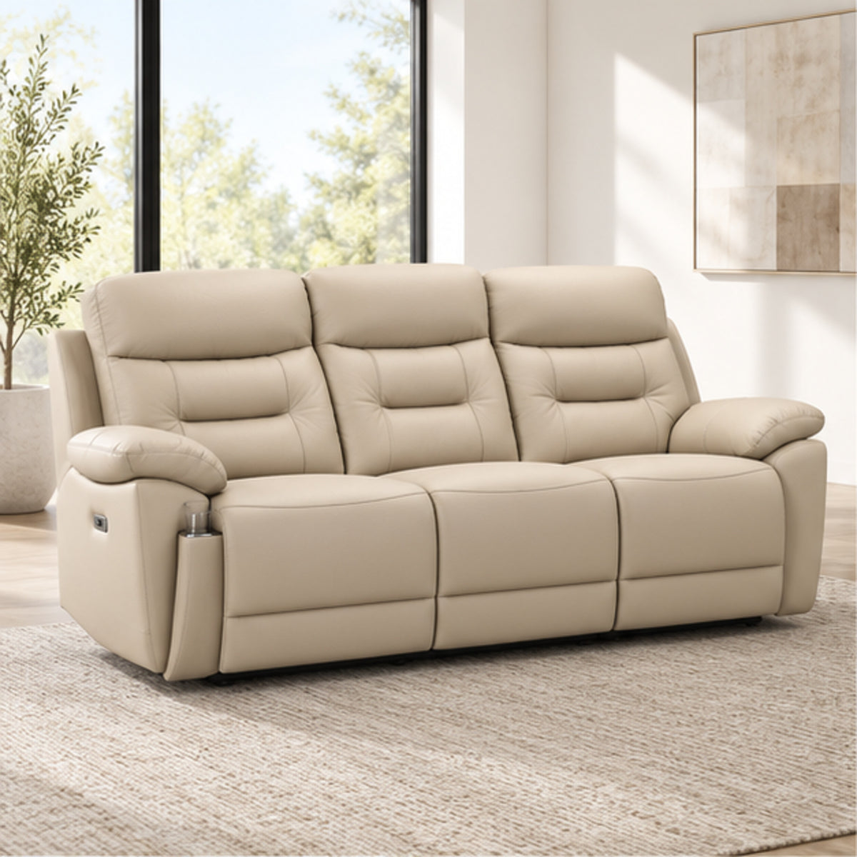 Modern Leather-Match Power Reclining 3-Seater Sofa with USB & Hidden Cupholders — Soft Cream Beige Leather Match lifestyle