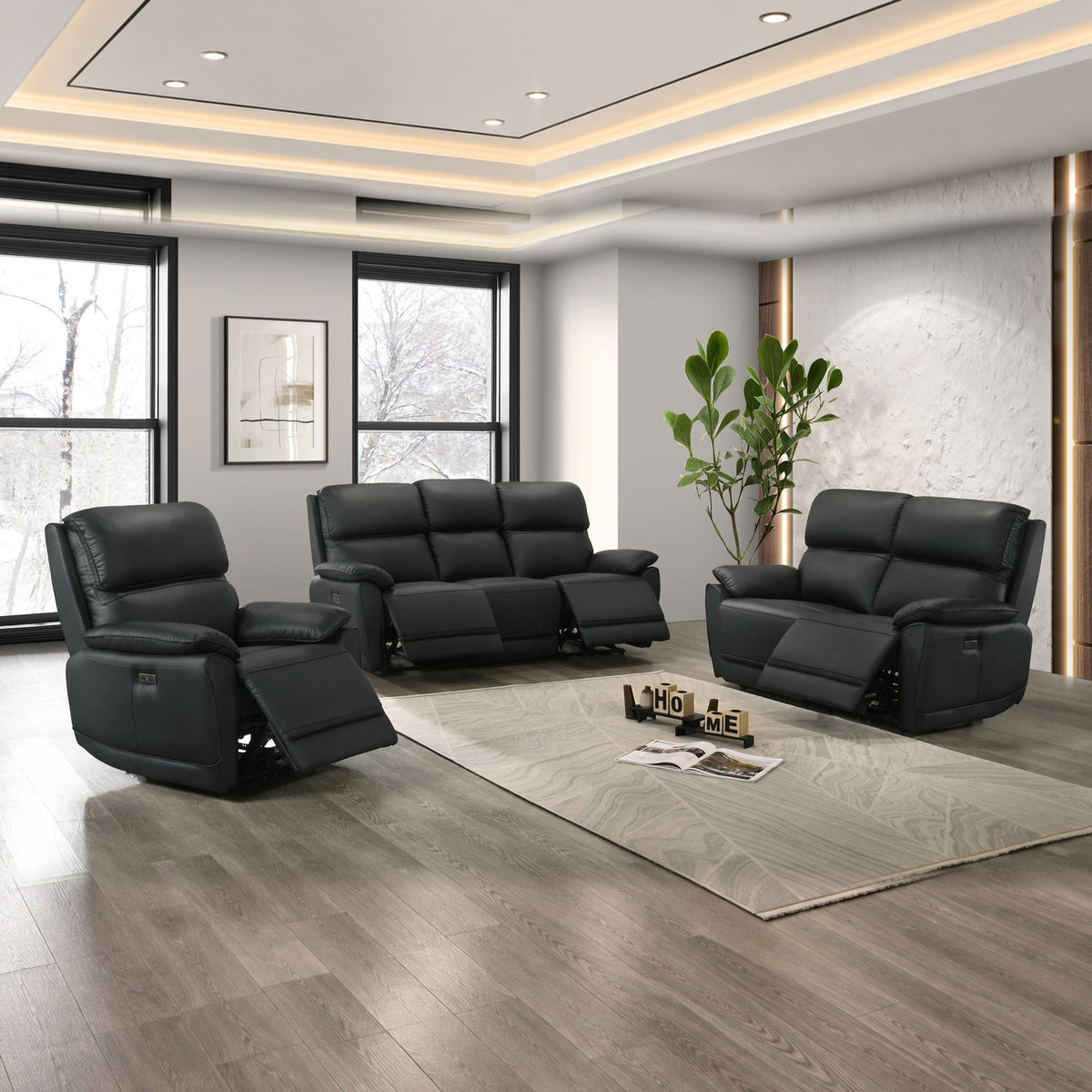 Modern Leather-Match 3-Piece Power Reclining Sofa Set with USB Charging — Midnight Black Leather Match, full 3-piece set main lifestyle image
