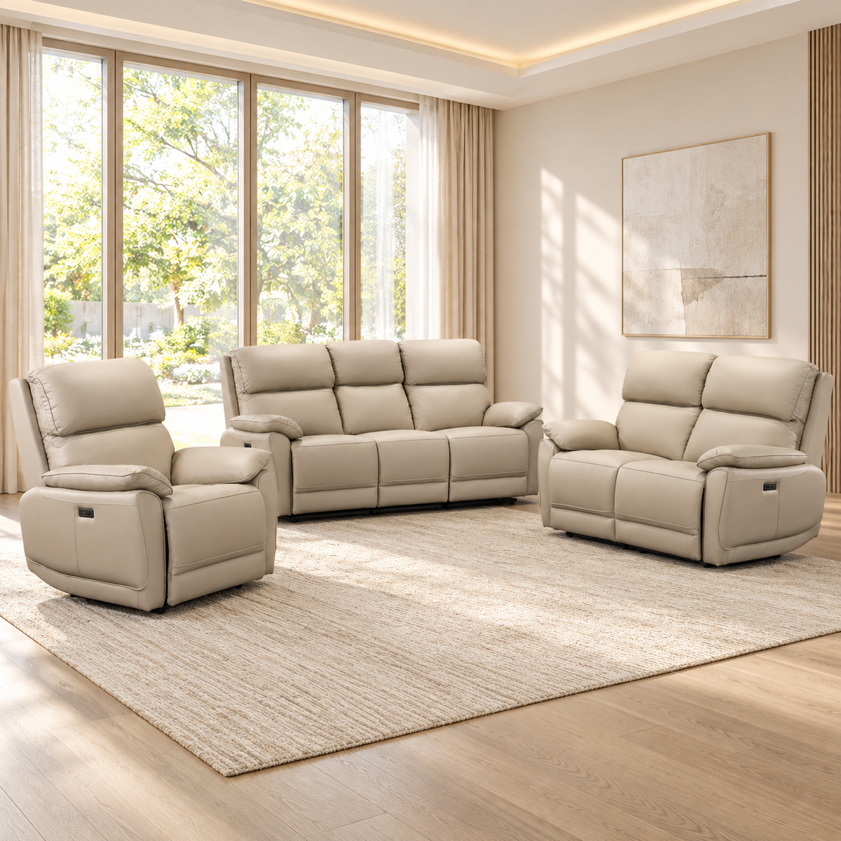 Modern Leather-Match 3-Piece Power Reclining Sofa Set with USB Charging — Warm Cream Leather Match, full 3-piece set main lifestyle image