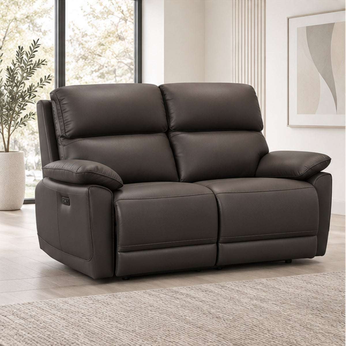 Modern Leather-Match Power Reclining Loveseat with USB Charging — Chocolate Brown Leather Match lifestyle