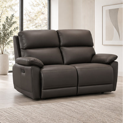 Modern Leather-Match Power Reclining Loveseat with USB Charging — Chocolate Brown Leather Match lifestyle