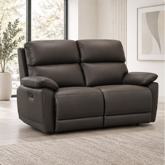 Modern Leather-Match Power Reclining Loveseat with USB Charging — Chocolate Brown Leather Match lifestyle
