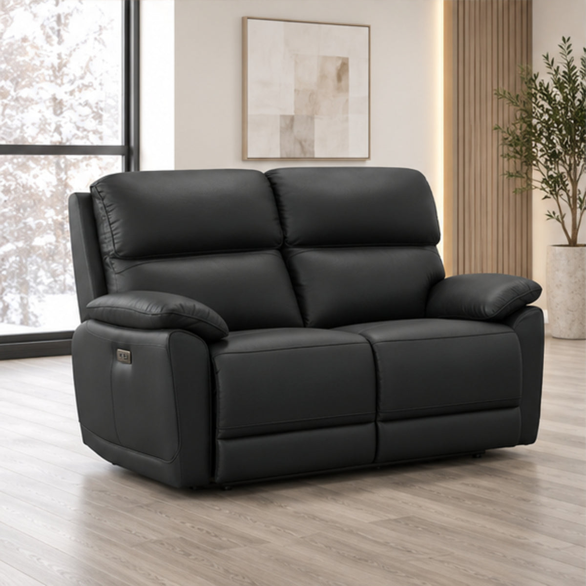 Modern Leather-Match Power Reclining Loveseat with USB Charging — Midnight Black Leather Match lifestyle