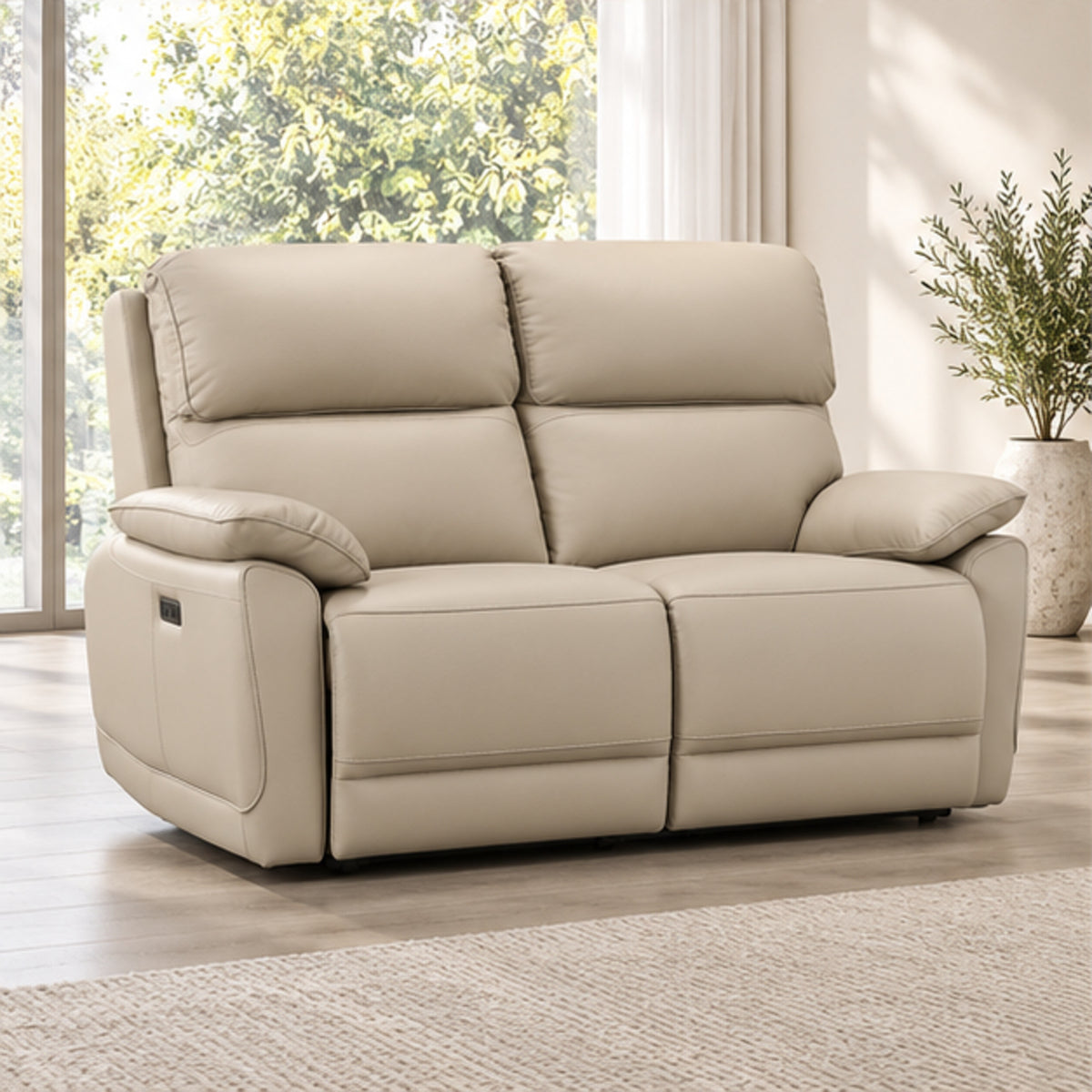 Modern Leather-Match Power Reclining Loveseat with USB Charging — Warm Cream Leather Match lifestyle