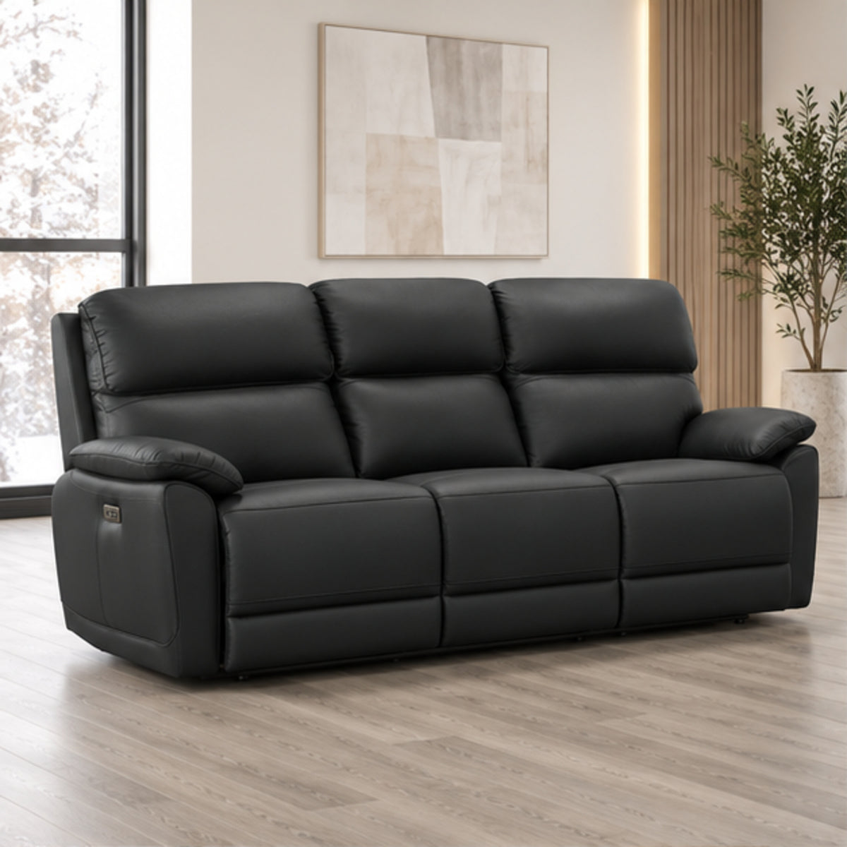 Modern Leather-Match Power Reclining 3-Seater Sofa with USB Charging — Midnight Black Leather Match lifestyle