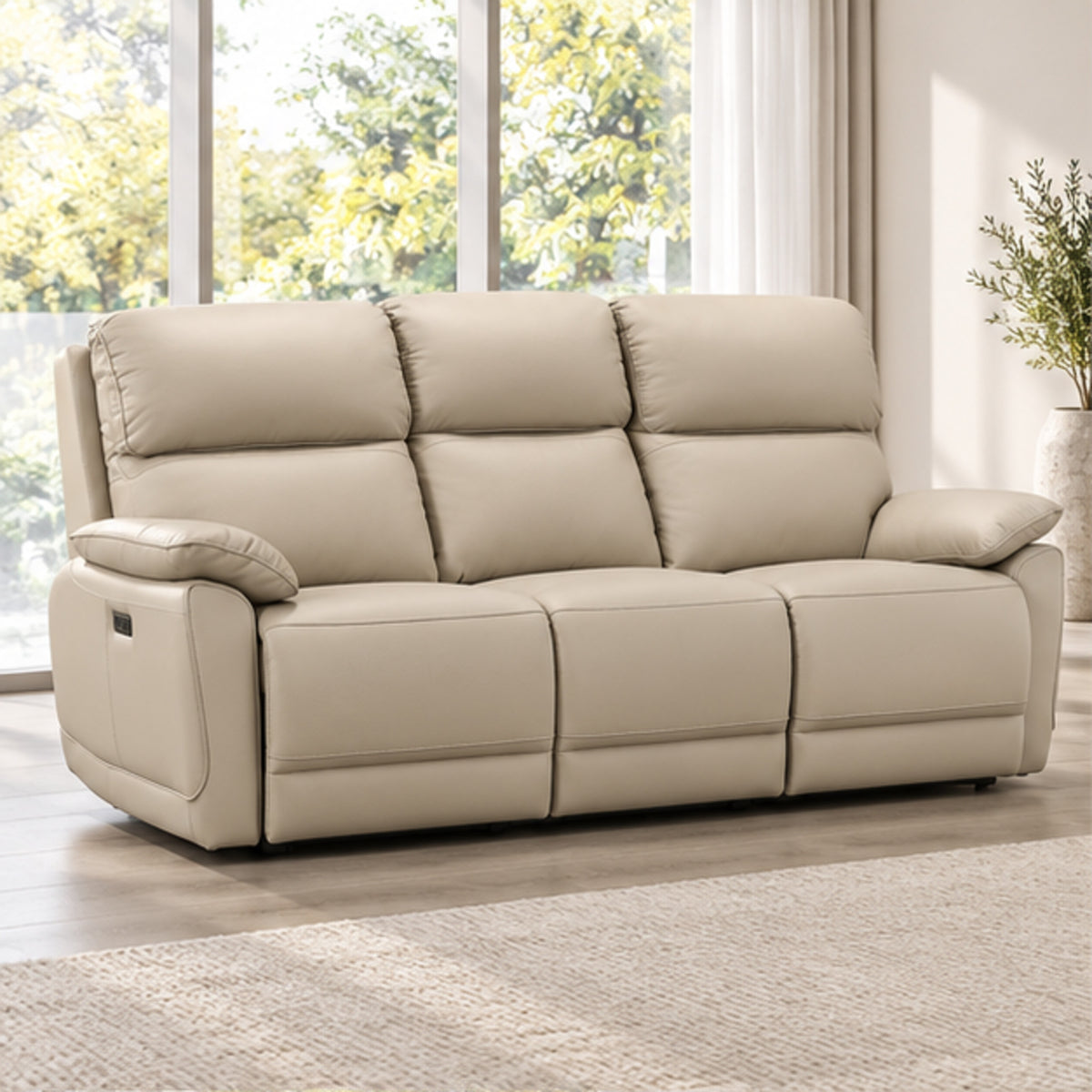 Modern Leather-Match Power Reclining 3-Seater Sofa with USB Charging — Warm Cream Leather Match lifestyle