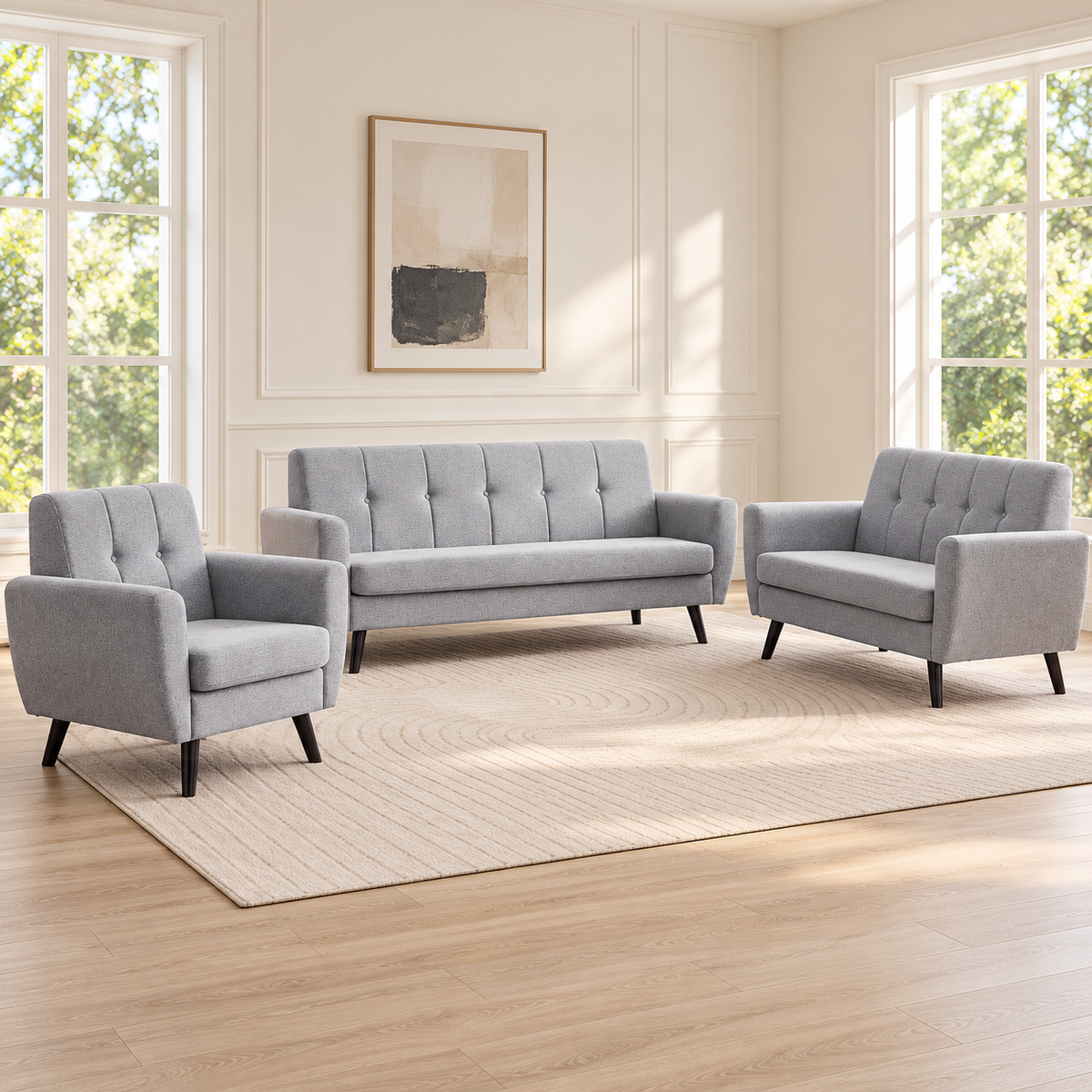 Grey Tufted Soft-Touch Fabric 3-Piece Sofa, Loveseat & Chair Set — Grey, full 3-piece set main lifestyle image