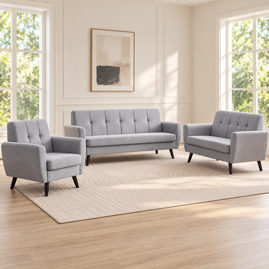 Grey Tufted Soft-Touch Fabric 3-Piece Sofa, Loveseat & Chair Set — Grey, full 3-piece set main lifestyle image