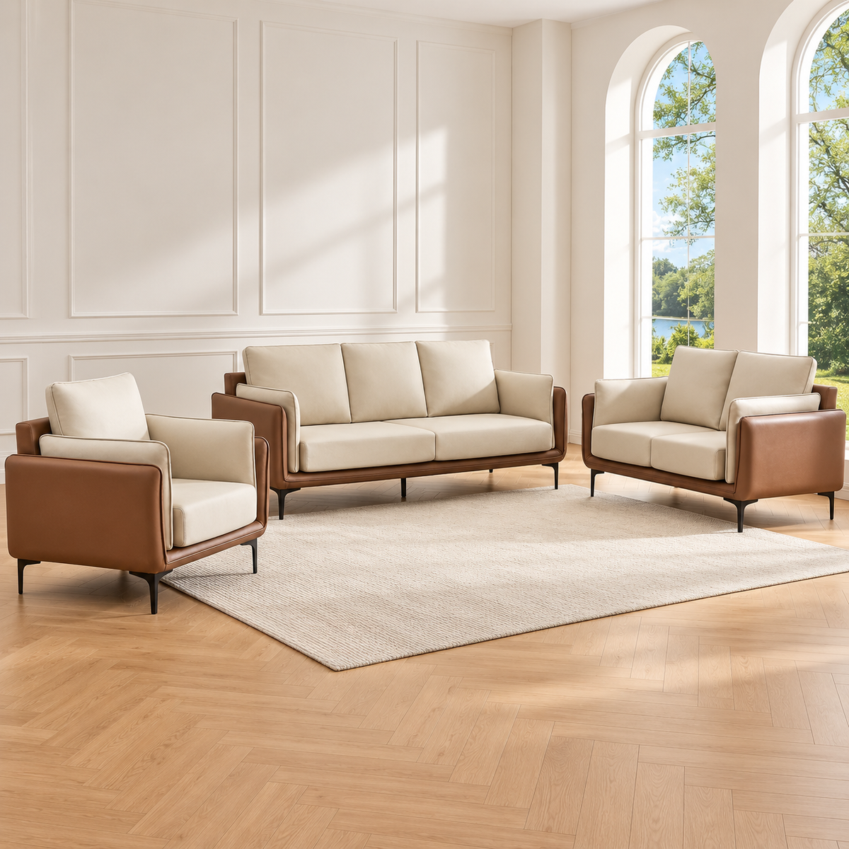 Cream & Mocha Two-Tone Fabric 3-Piece Sofa, Loveseat & Chair Set — Cream & Mocha, full 3-piece set main lifestyle image