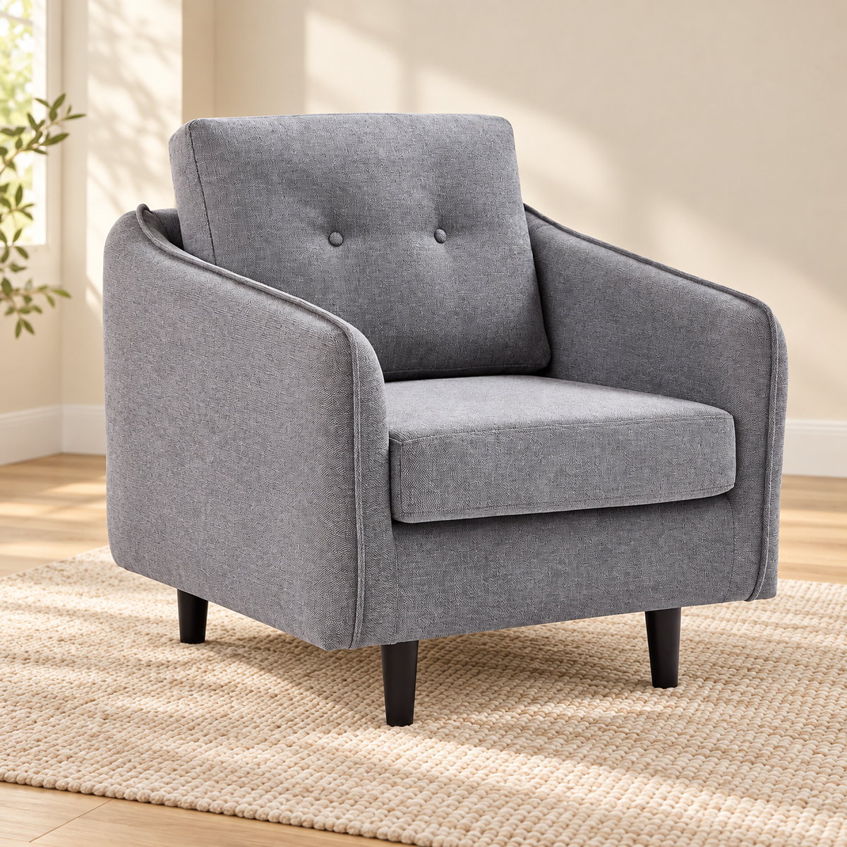 Grey Tufted Soft-Touch Fabric Chair — Grey, single chair lifestyle image