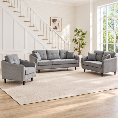 Grey Fabric 3-Piece Sofa, Loveseat & Chair Set with Accent Pillows — Grey, full 3-piece set main lifestyle image
