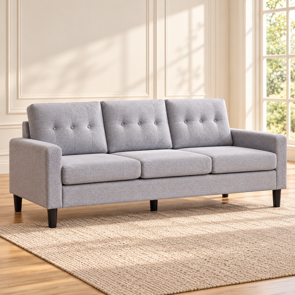 Modern Button-Tufted Woven Fabric 3-Seater Sofa – Default Title, sofa only in a warm living room