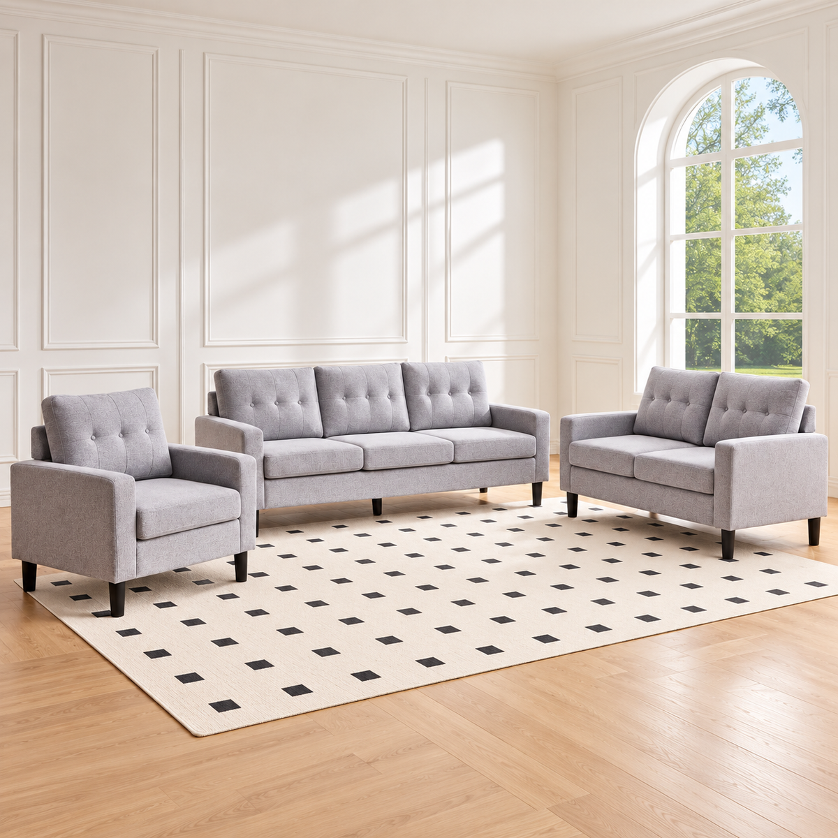 Button-Tufted Woven Fabric 3-Piece Sofa, Loveseat & Chair Set — Grey, full 3-piece set main lifestyle image