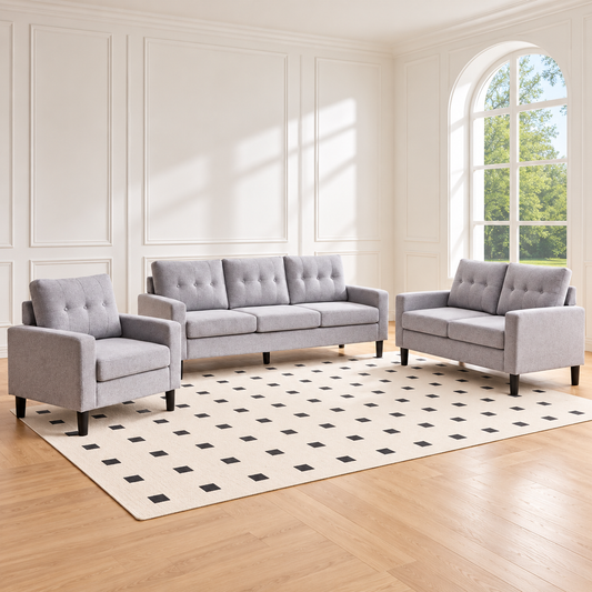 Button-Tufted Woven Fabric 3-Piece Sofa, Loveseat & Chair Set — Grey, full 3-piece set main lifestyle image