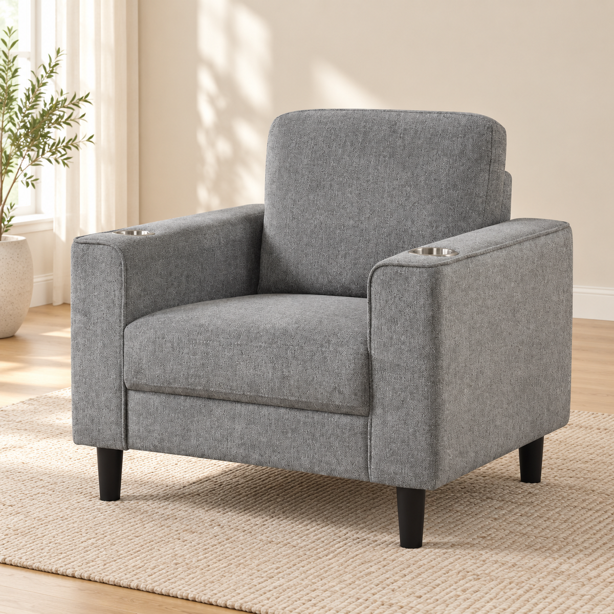 Contemporary Soft-Touch Fabric Chair with Cup Holders — Grey, single chair lifestyle image