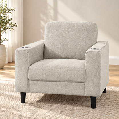 Contemporary Soft-Touch Fabric Chair with Cup Holders — Beige, single chair lifestyle image