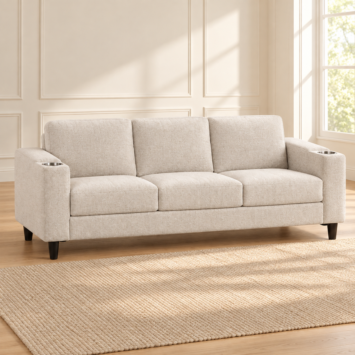Contemporary Soft-Touch Fabric 3-Seater Sofa with Cup Holders – Beige, sofa only in a warm living room