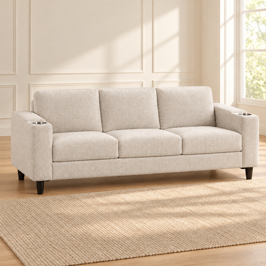 Contemporary Soft-Touch Fabric 3-Seater Sofa with Cup Holders – Beige, sofa only in a warm living room