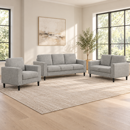 Soft-Touch Fabric 3-Piece Sofa, Loveseat & Chair Set with Cup Holders — Grey, full 3-piece set main lifestyle image