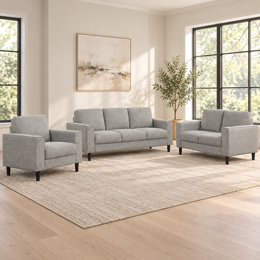 Soft-Touch Fabric 3-Piece Sofa, Loveseat & Chair Set with Cup Holders — Grey, full 3-piece set main lifestyle image