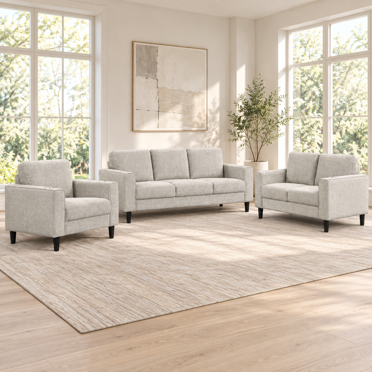 Soft-Touch Fabric 3-Piece Sofa, Loveseat & Chair Set with Cup Holders — Beige, full 3-piece set main lifestyle image