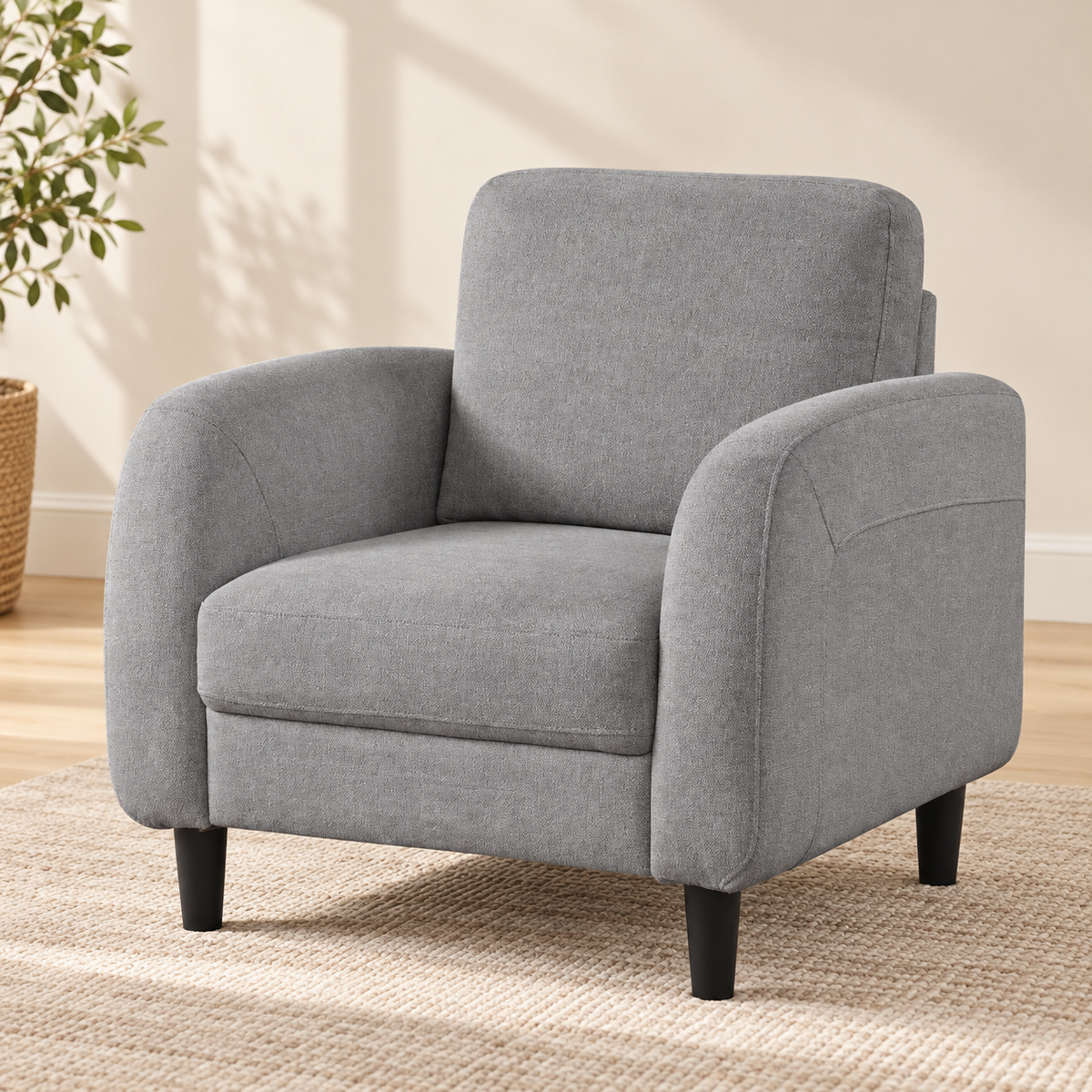 Contemporary Soft-Touch Fabric Chair — Grey, single chair lifestyle image