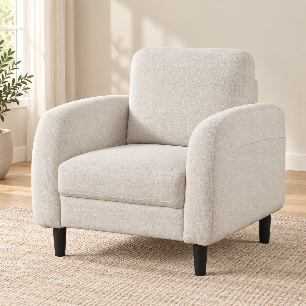 Contemporary Soft-Touch Fabric Chair — Beige, single chair lifestyle image