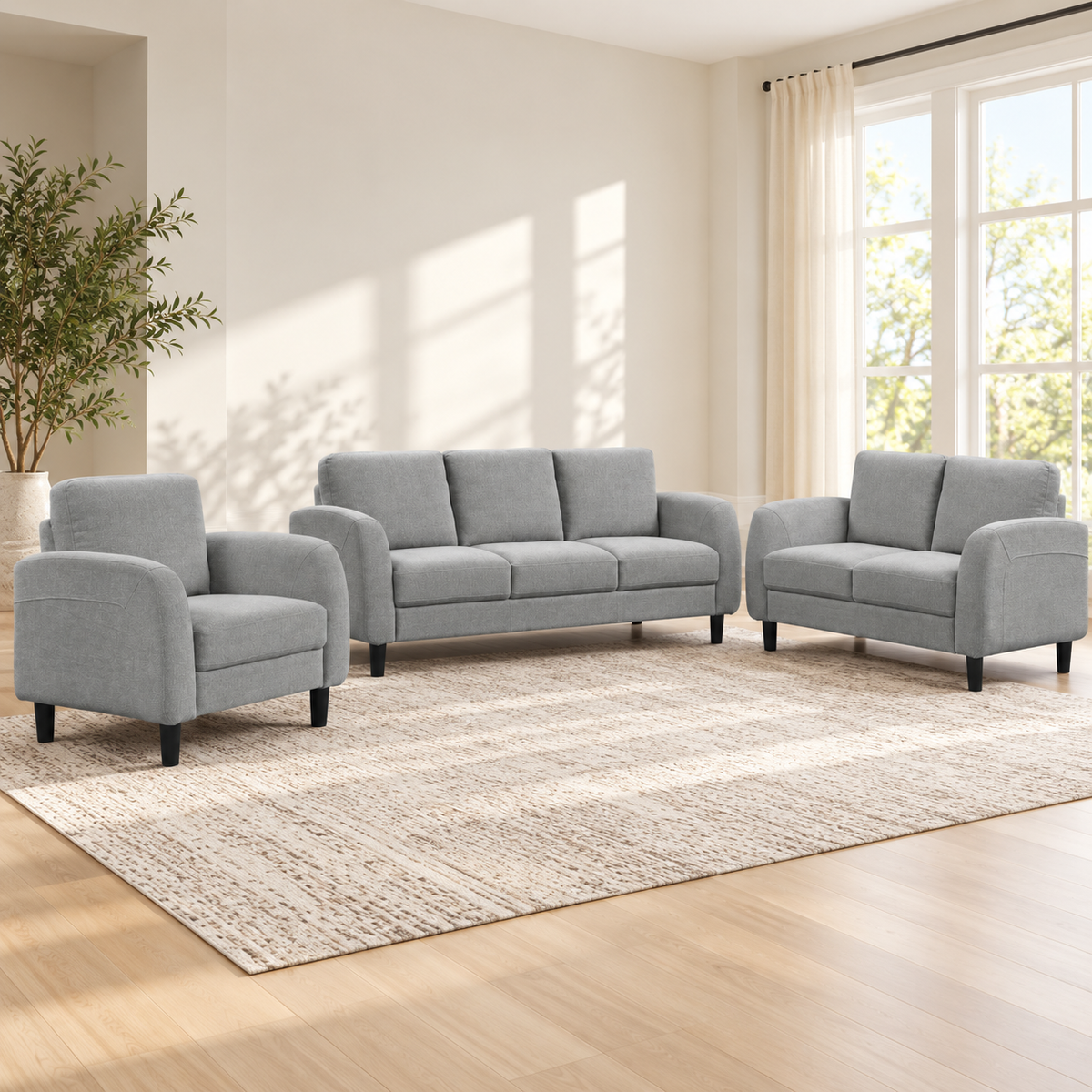 Rounded-Arm Soft-Touch Fabric 3-Piece Sofa, Loveseat & Chair Set — Grey, full 3-piece set main lifestyle image