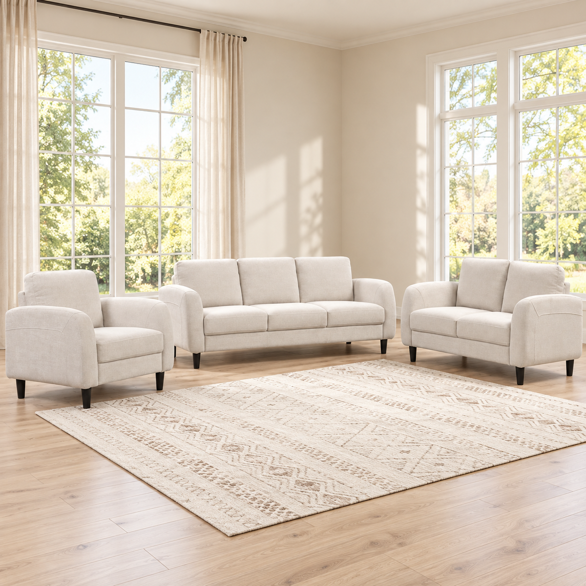 Rounded-Arm Soft-Touch Fabric 3-Piece Sofa, Loveseat & Chair Set — Beige, full 3-piece set main lifestyle image