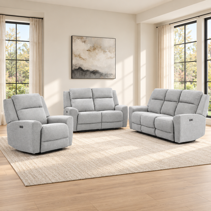Soft Grey Fabric 3-Piece Power Reclining Sofa Set with USB Charging — Default Title, full 3-piece set main lifestyle image