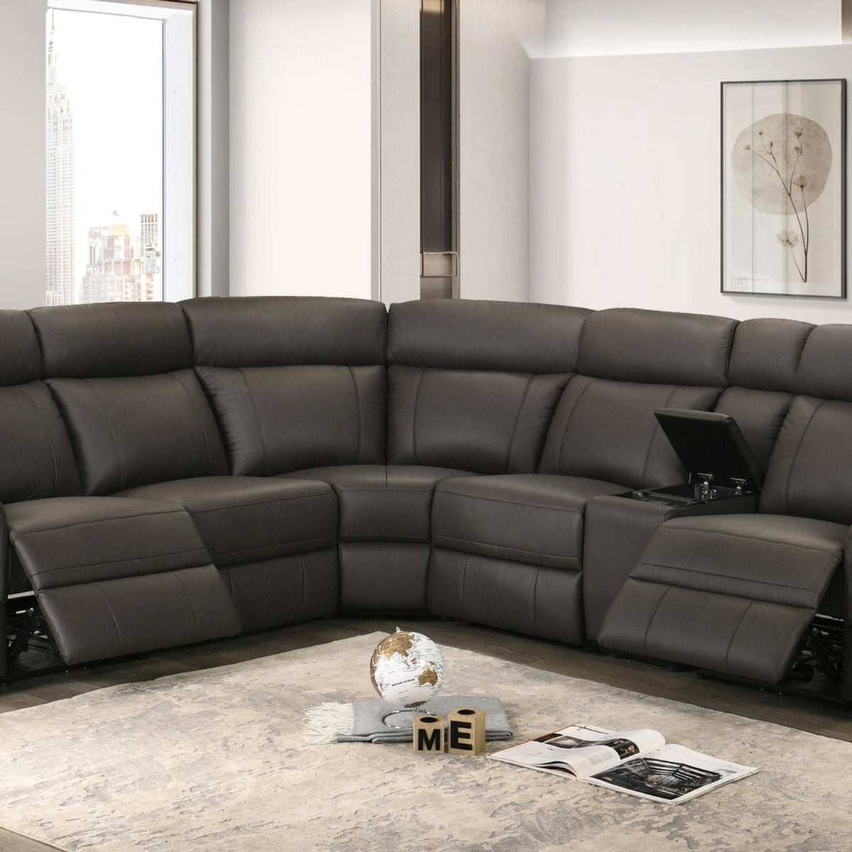 Chocolate Brown Genuine Leather/Match 6-Piece Modular Power Reclining Sectional Sofa with Wireless Charging